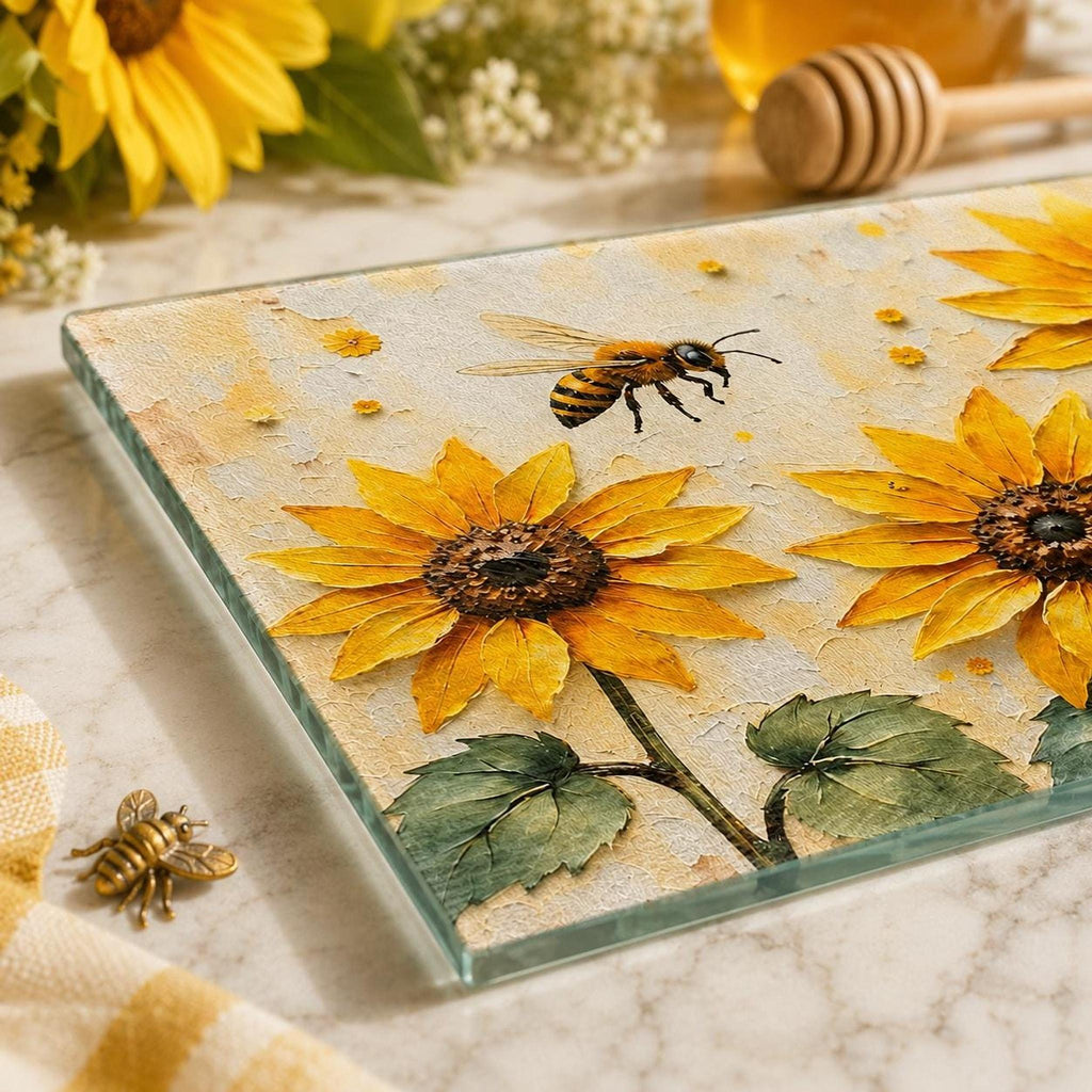 Sunflower Bee Glass Cutting Board, Tempered Charcuterie Tray