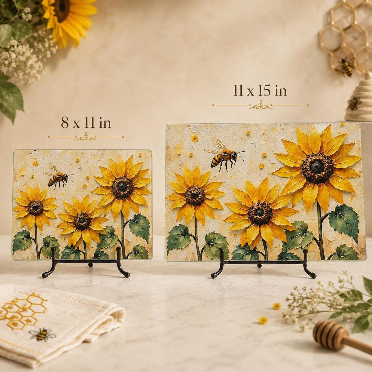 Sunflower Bee Glass Cutting Board, Tempered Charcuterie Tray