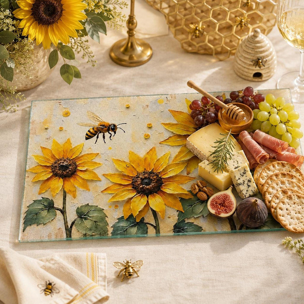 Sunflower Bee Glass Cutting Board, Tempered Charcuterie Tray