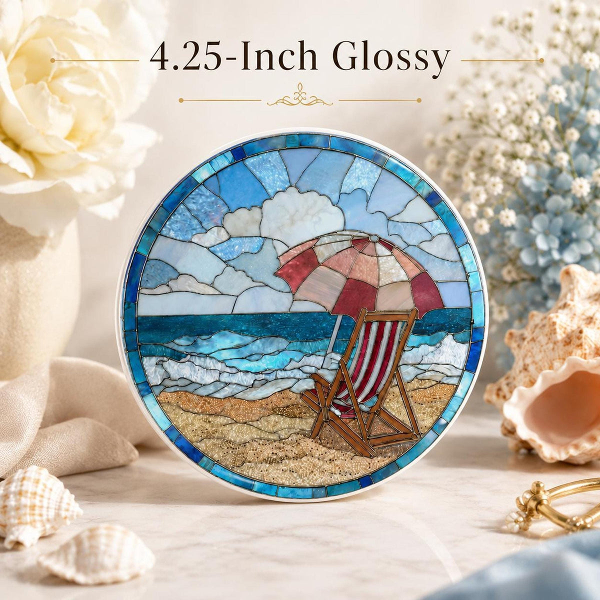 Beach Ceramic Coaster with Seaside Chair Design, Round Coastal Decor