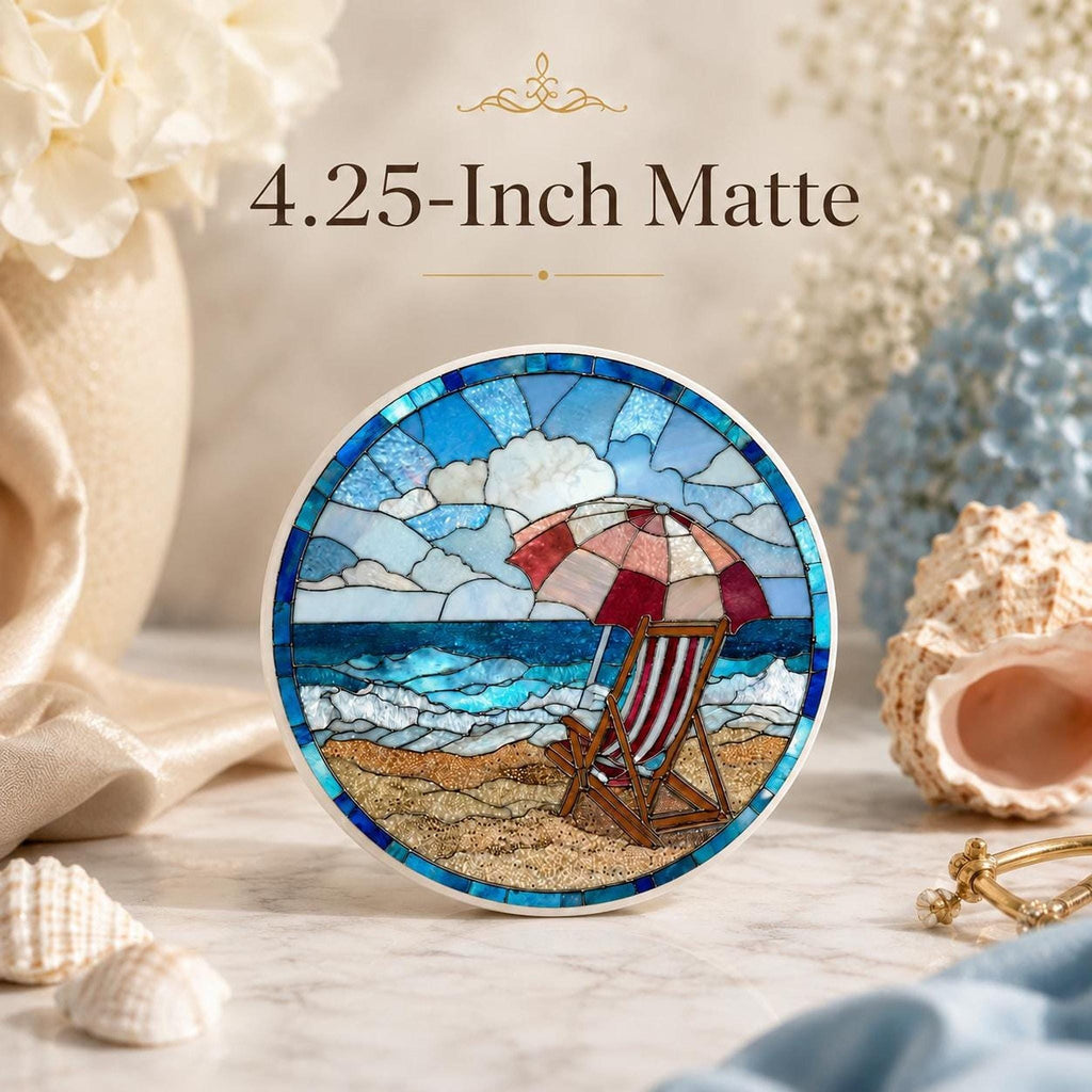 Beach Ceramic Coaster with Seaside Chair Design, Round Coastal Decor