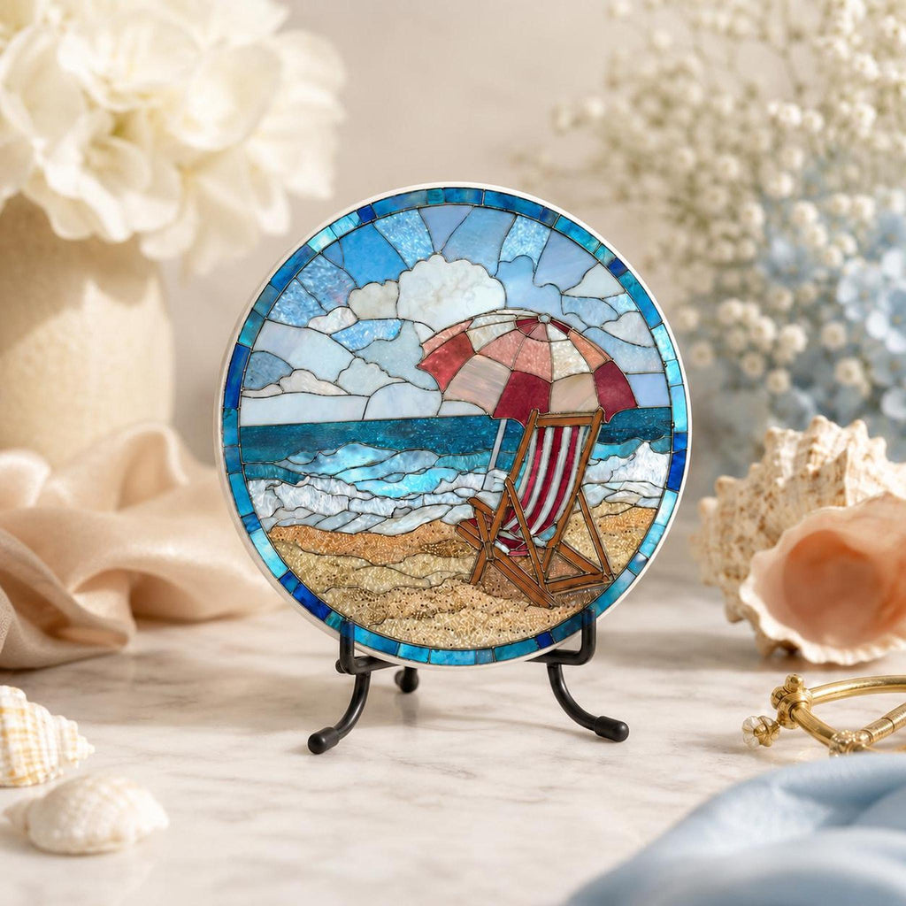 Beach Ceramic Coaster with Seaside Chair Design, Round Coastal Decor
