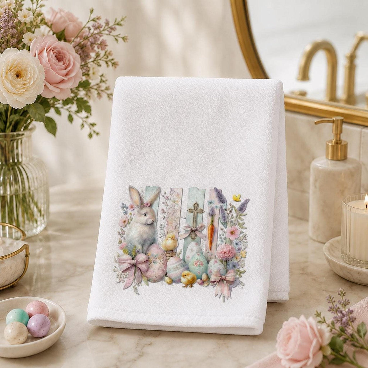 Easter Bunny Hand Towel, Whimsical Design with Pastel Floral Accents