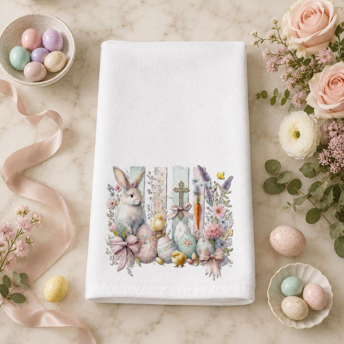 Easter Bunny Hand Towel, Whimsical Design with Pastel Floral Accents