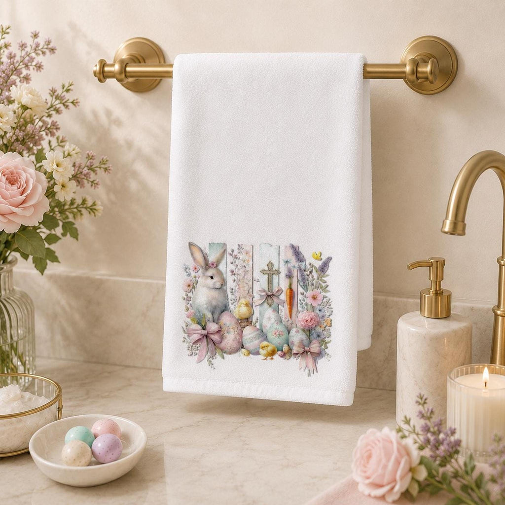 Easter Bunny Hand Towel, Whimsical Design with Pastel Floral Accents