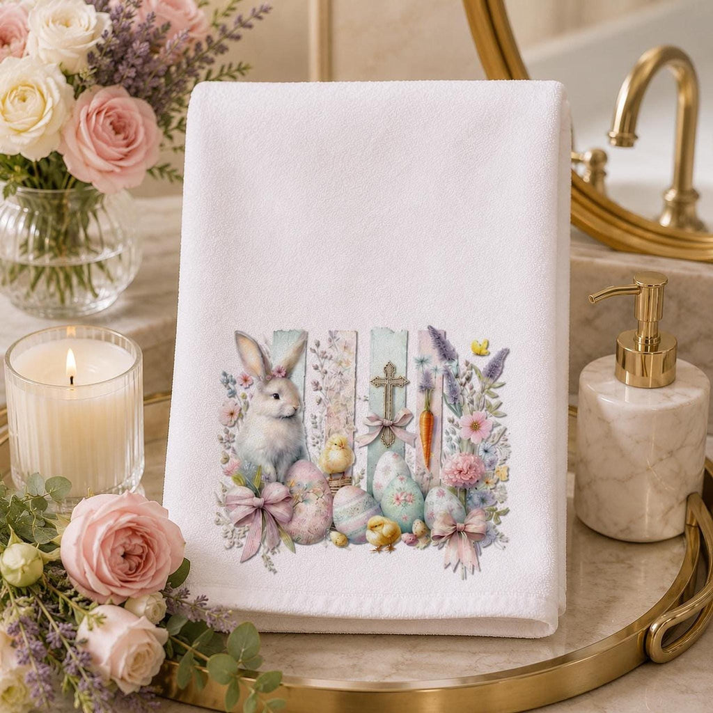 Easter Bunny Hand Towel, Whimsical Design with Pastel Floral Accents