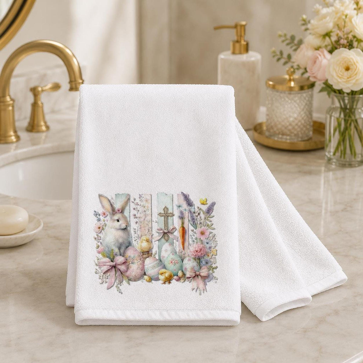 Easter Bunny Hand Towel, Whimsical Design with Pastel Floral Accents