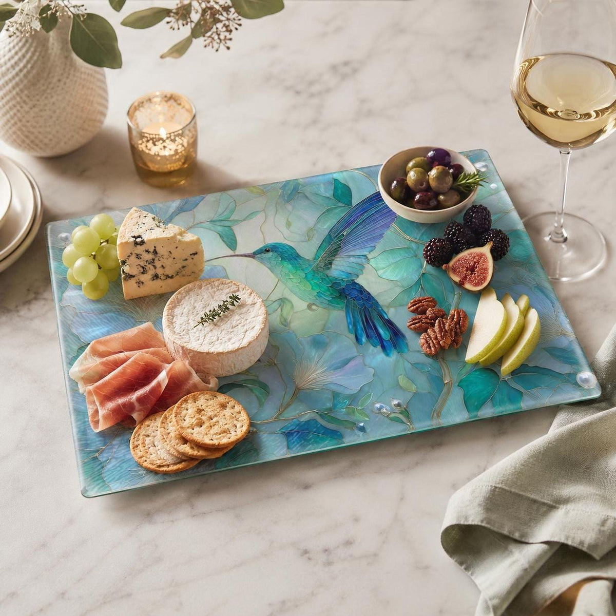 Hummingbird Decor Tempered Glass Cutting Board, Aqua Floral Charcuterie Platter