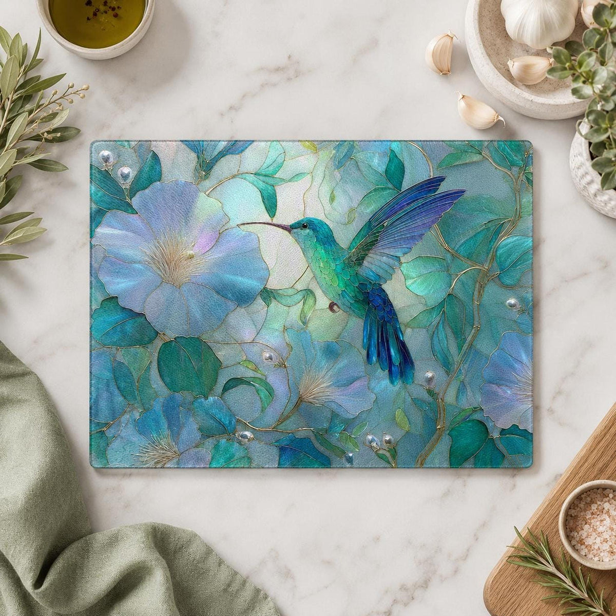Hummingbird Decor Tempered Glass Cutting Board, Aqua Floral Charcuterie Platter