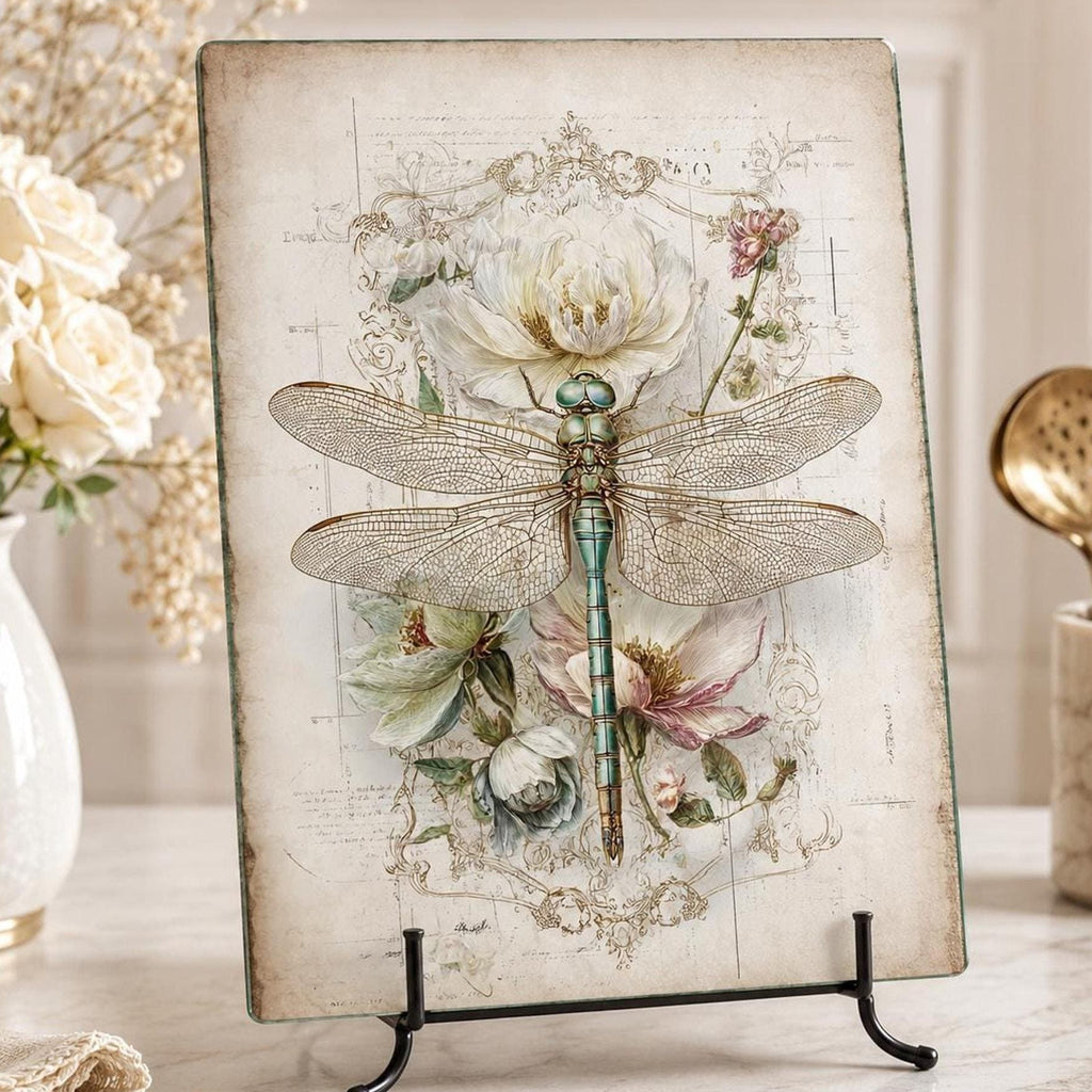 Dragonfly Glass Charcuterie Tray, Vintage Botanical Serving Board