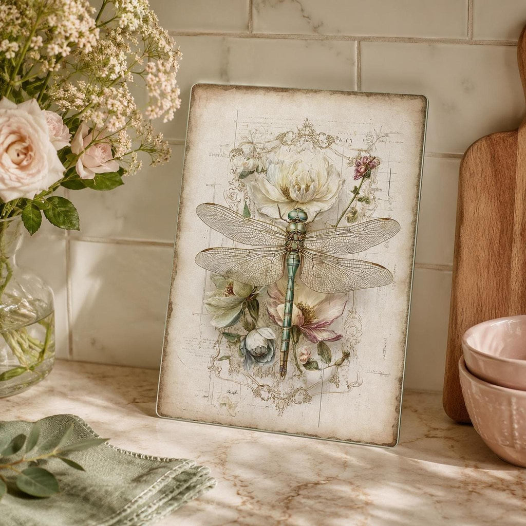 Dragonfly Glass Charcuterie Tray, Vintage Botanical Serving Board