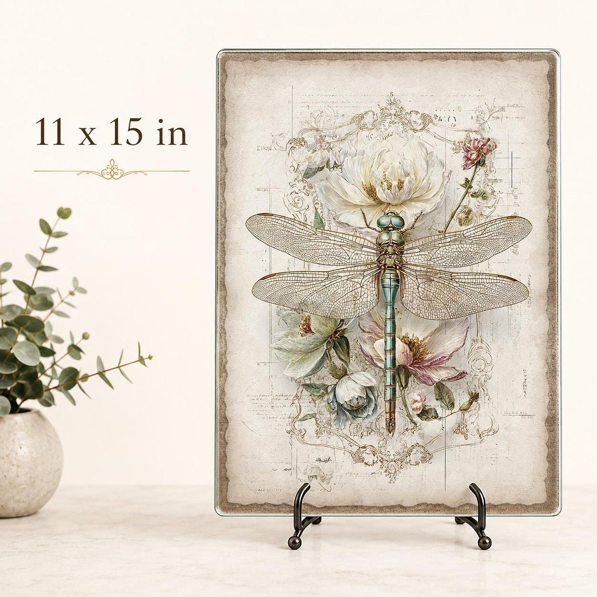 Dragonfly Glass Charcuterie Tray, Vintage Botanical Serving Board
