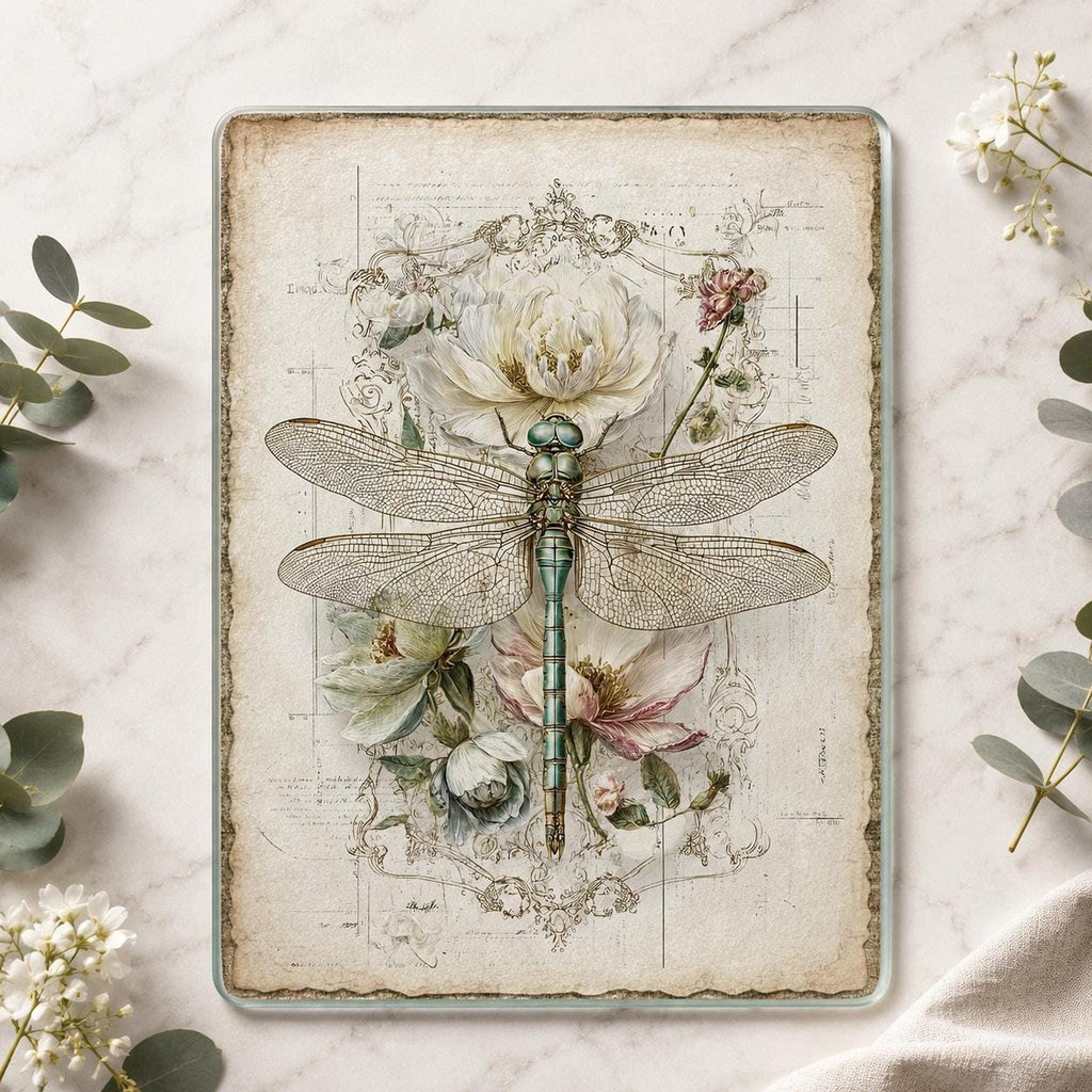 Dragonfly Glass Charcuterie Tray, Vintage Botanical Serving Board