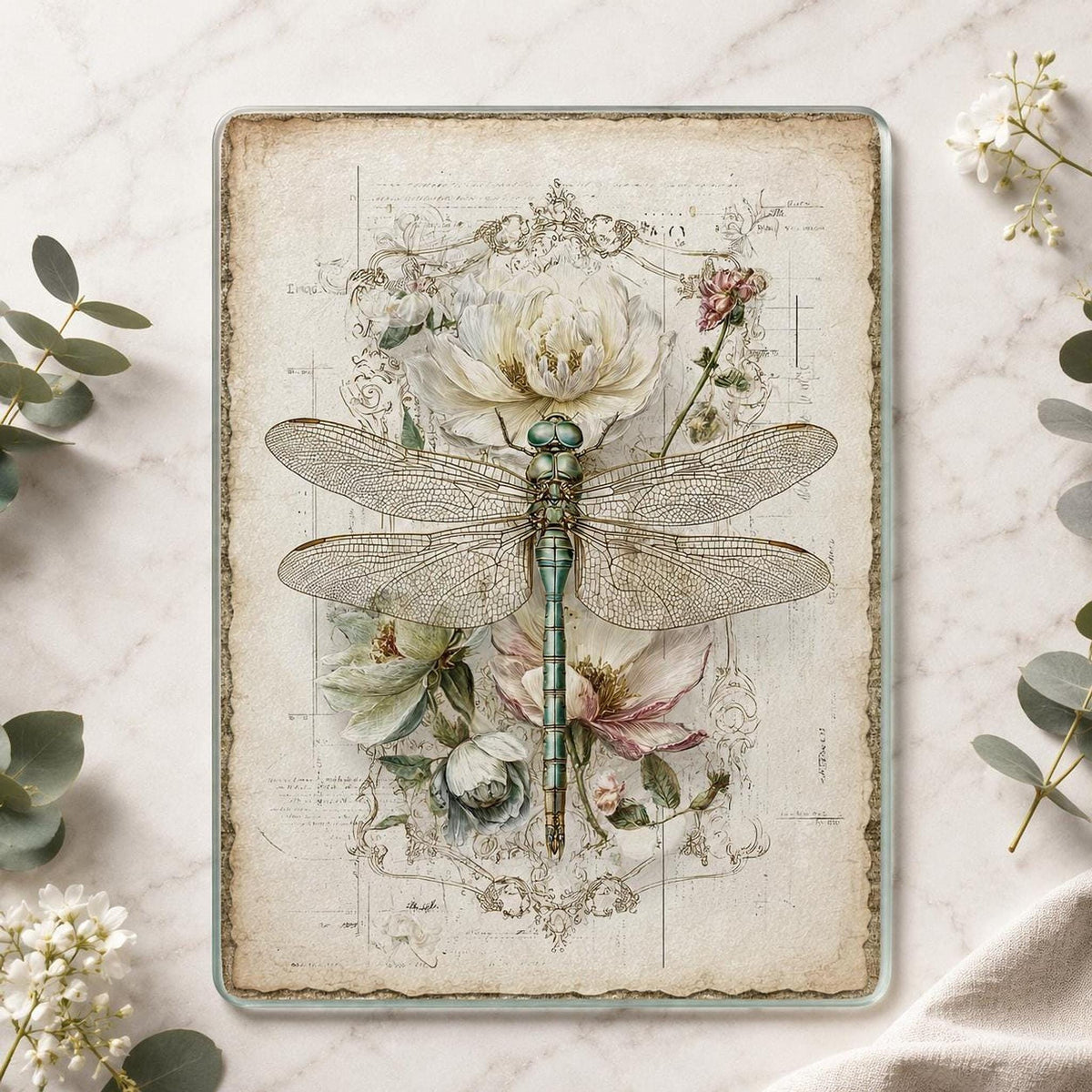 Dragonfly Glass Charcuterie Tray, Vintage Botanical Serving Board