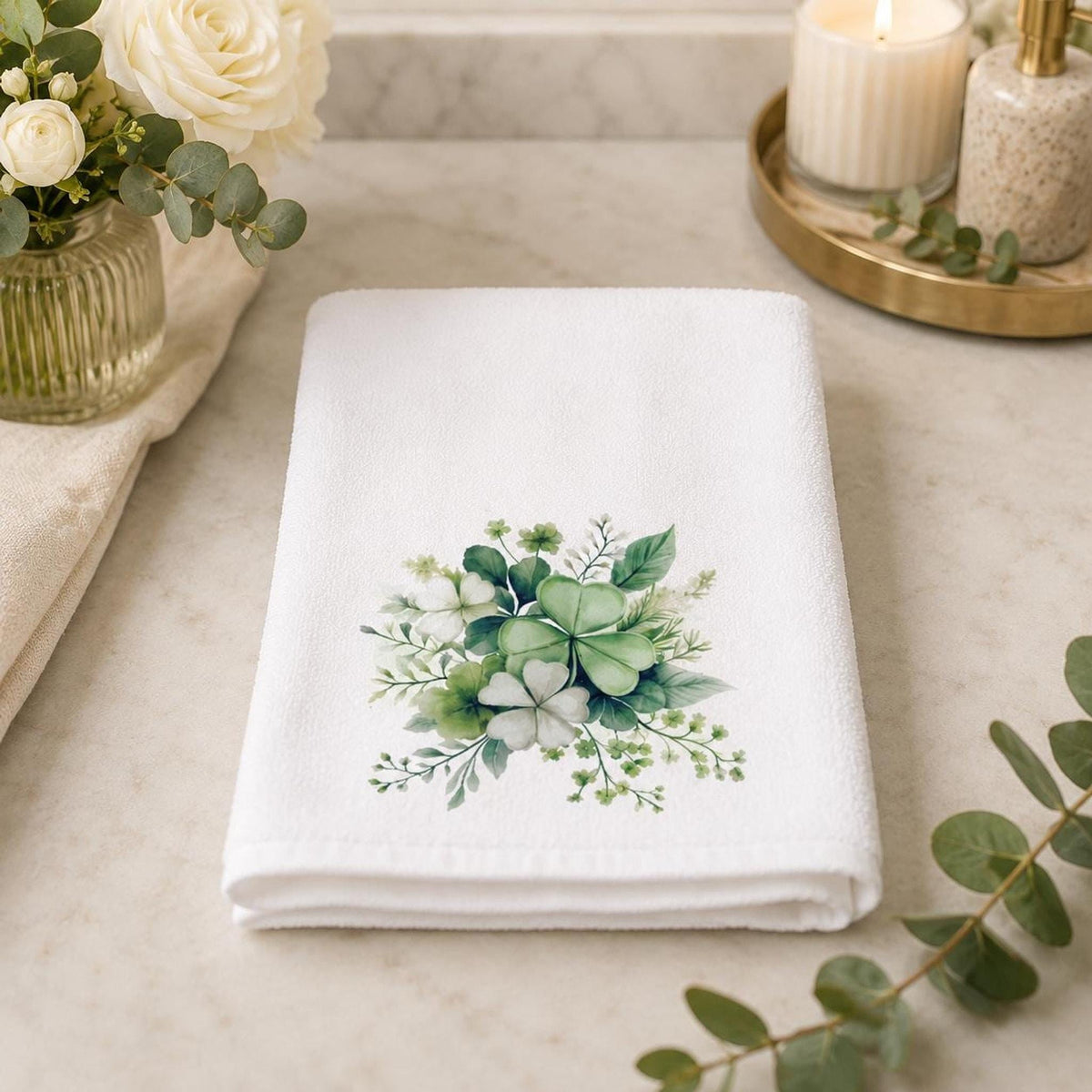Clover Bath Decor Hand Towel, Botanical Shamrock Design for Spring
