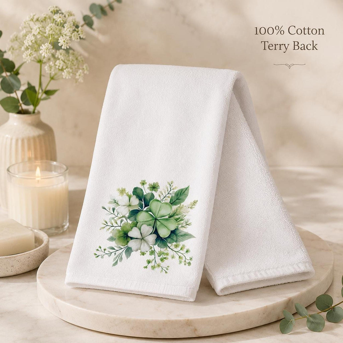 Clover Bath Decor Hand Towel, Botanical Shamrock Design for Spring