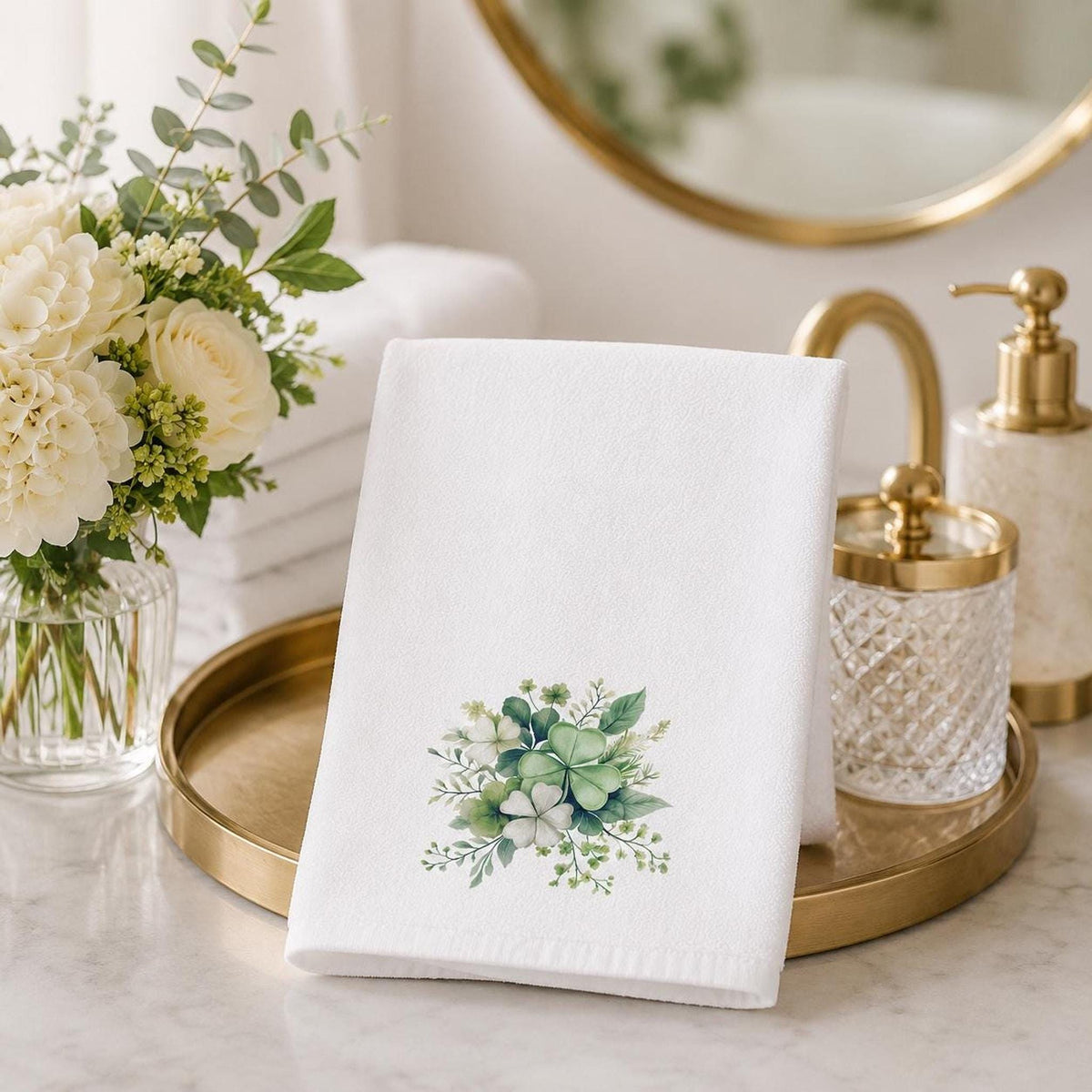 Clover Bath Decor Hand Towel, Botanical Shamrock Design for Spring