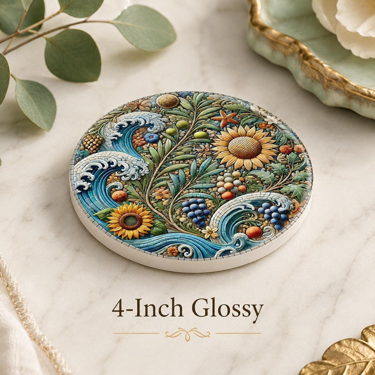 Sunflower Coaster, Ceramic Drink Mat with Coastal Botanical Design