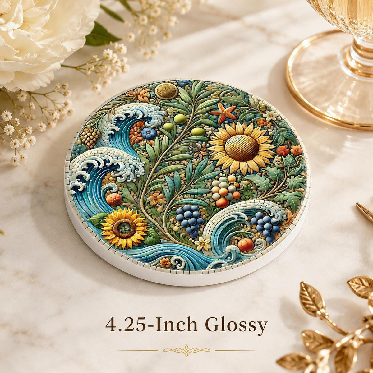 Sunflower Coaster, Ceramic Drink Mat with Coastal Botanical Design
