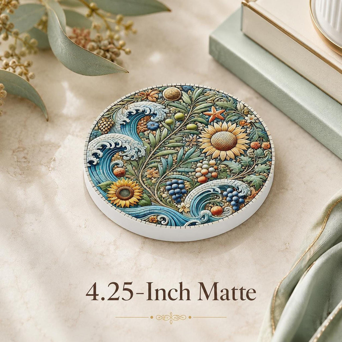 Sunflower Coaster, Ceramic Drink Mat with Coastal Botanical Design