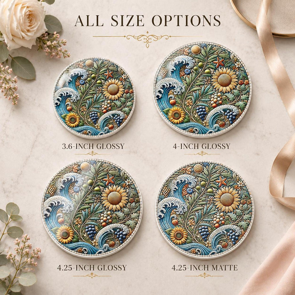 Sunflower Coaster, Ceramic Drink Mat with Coastal Botanical Design