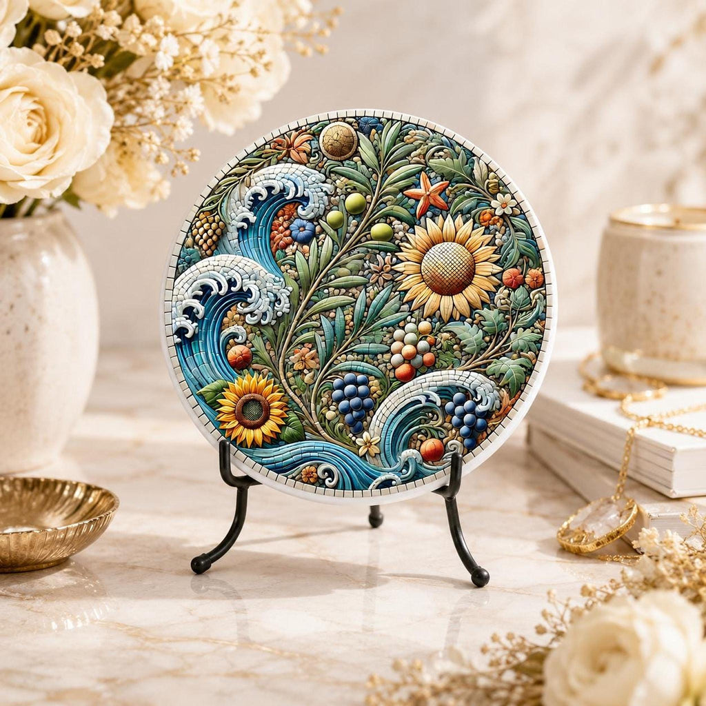 Sunflower Coaster, Ceramic Drink Mat with Coastal Botanical Design