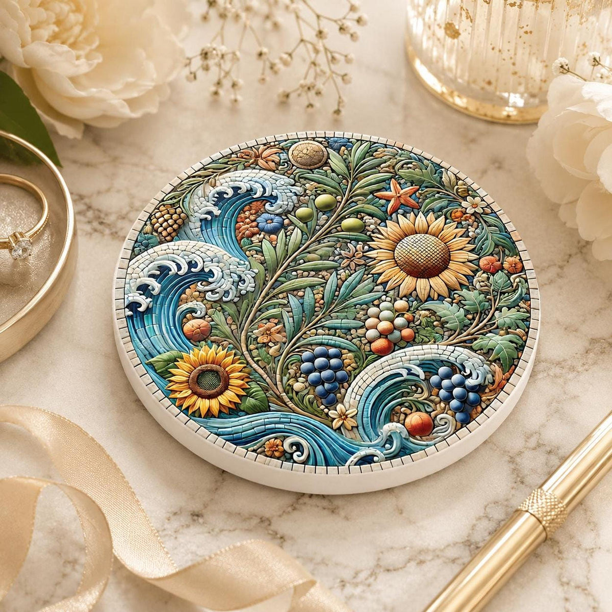 Sunflower Coaster, Ceramic Drink Mat with Coastal Botanical Design