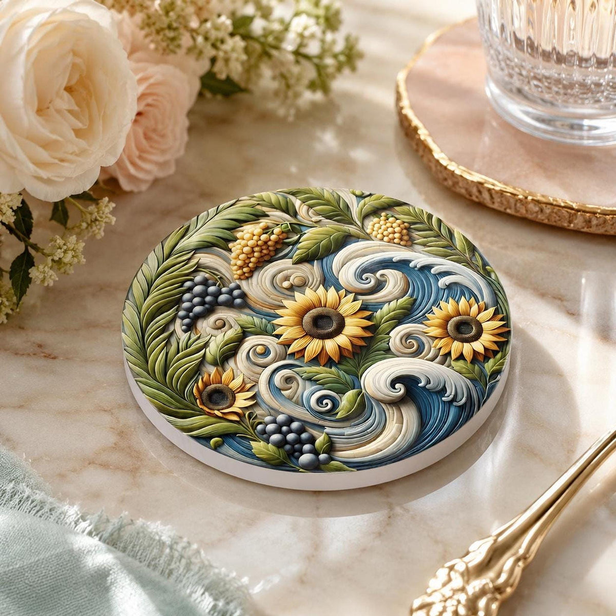 Sunflower Coaster, Smooth Ceramic Drink Mat with Botanical Design