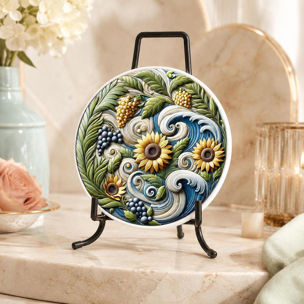 Sunflower Coaster, Smooth Ceramic Drink Mat with Botanical Design