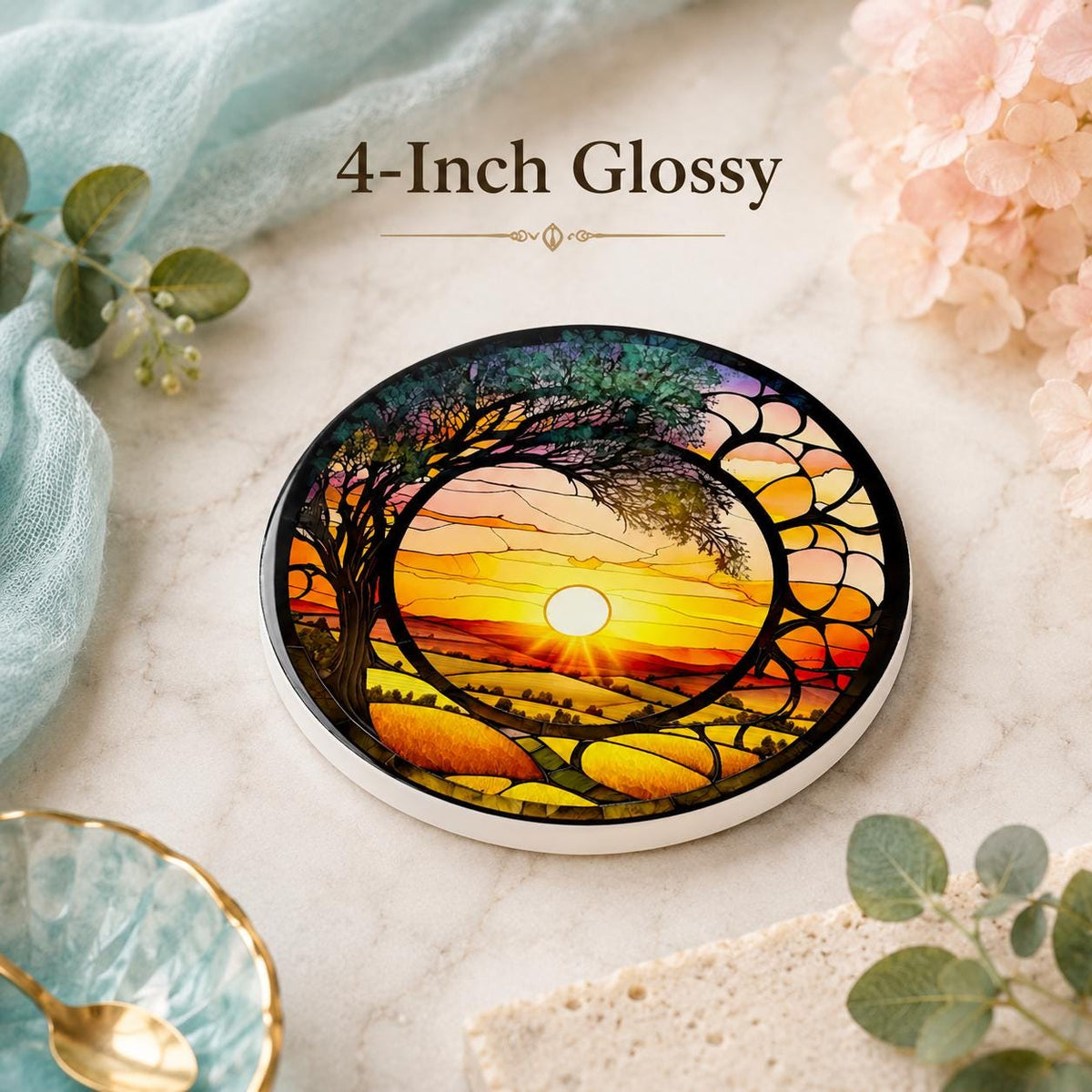 Sunrise Sunset Ceramic Coaster: Printed Design, Nature Home Decor