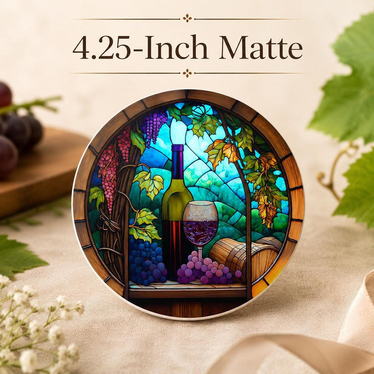 Round Ceramic Wine Coaster, Stained Glass Design with Vineyard Artwork