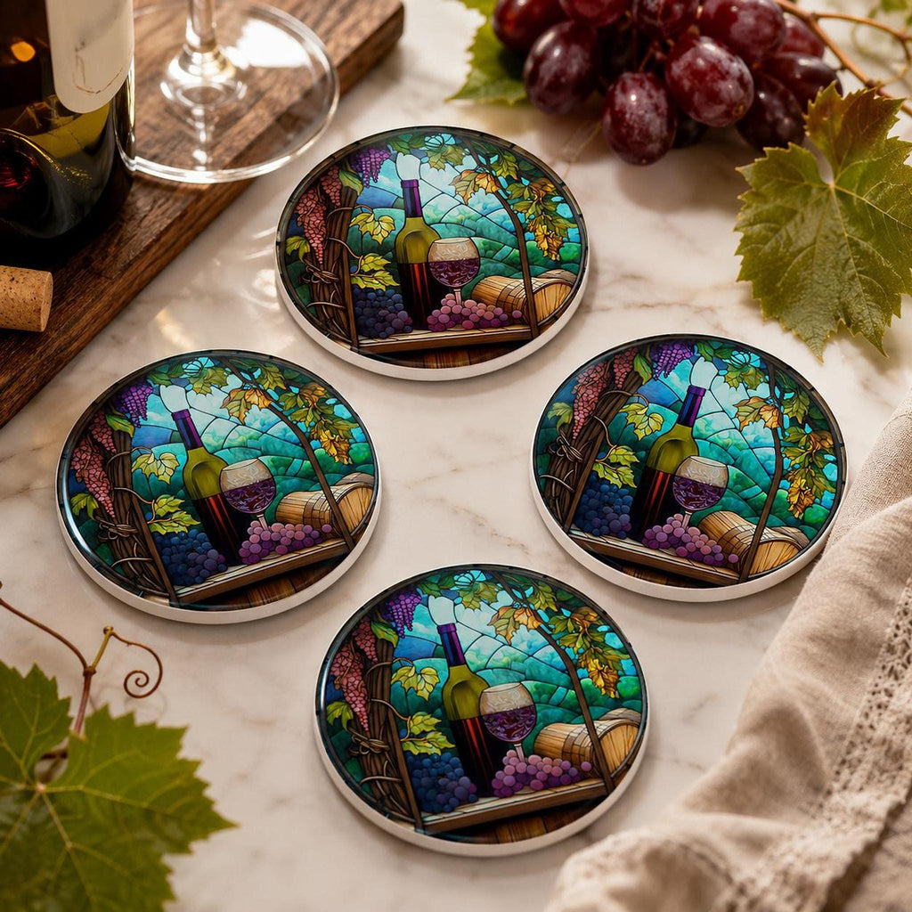 Round Ceramic Wine Coaster, Stained Glass Design with Vineyard Artwork