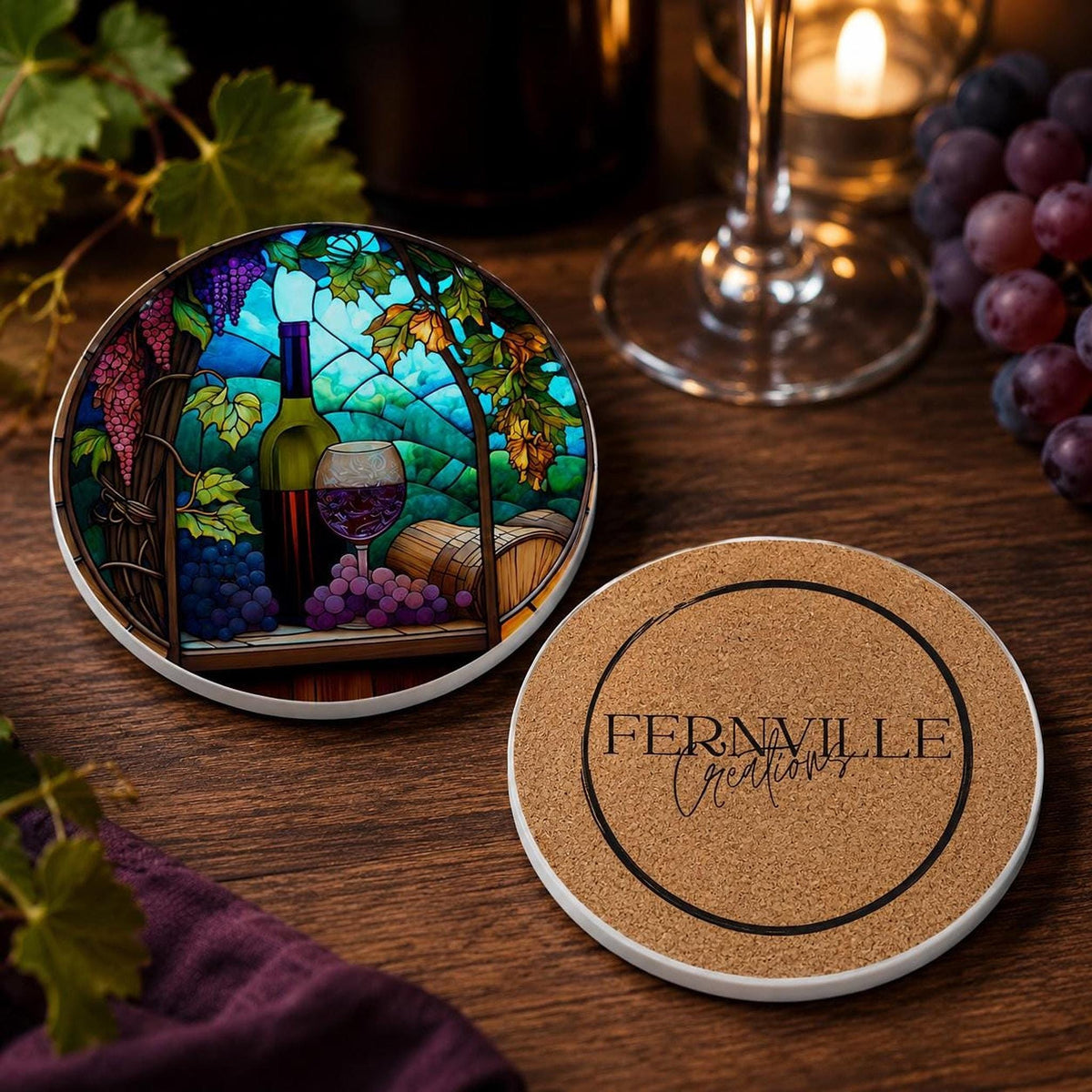 Round Ceramic Wine Coaster, Stained Glass Design with Vineyard Artwork