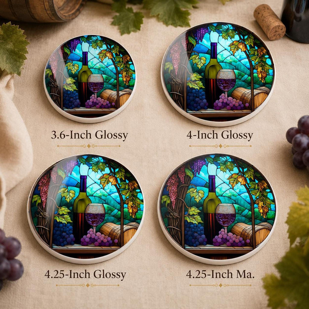 Round Ceramic Wine Coaster, Stained Glass Design with Vineyard Artwork