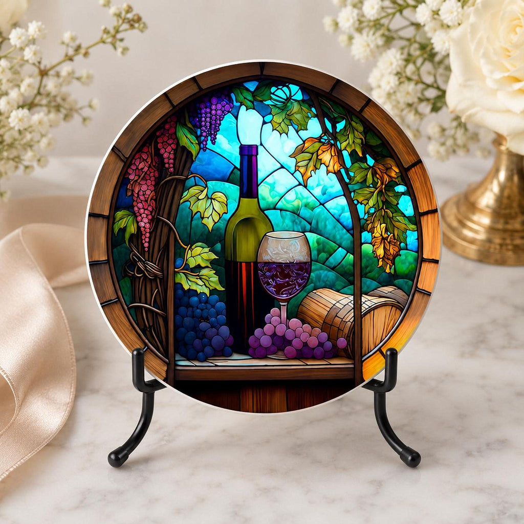 Round Ceramic Wine Coaster, Stained Glass Design with Vineyard Artwork