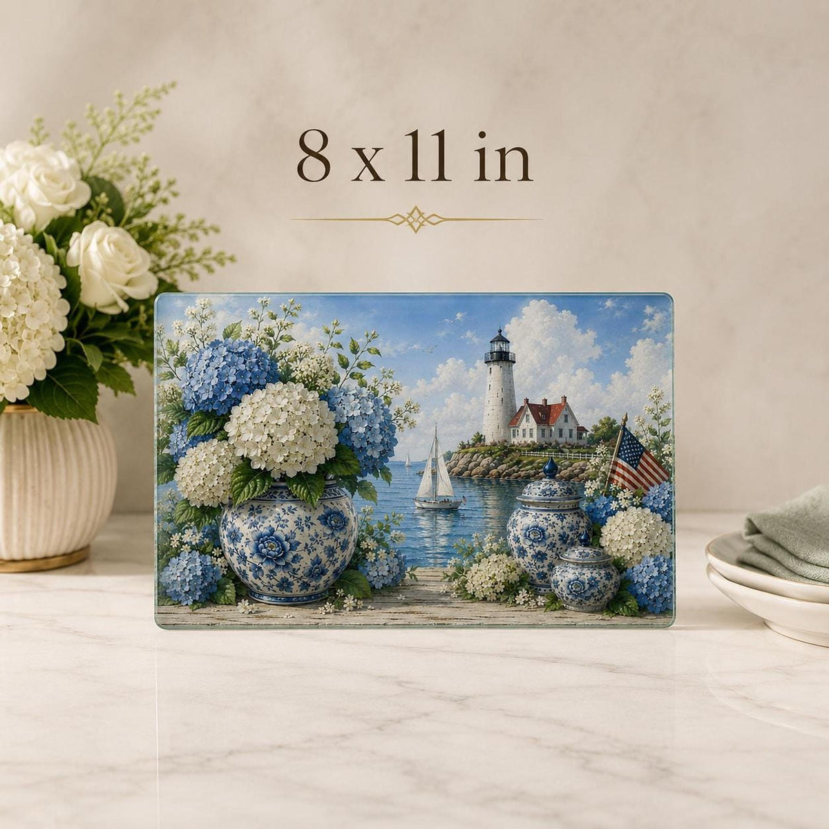 Glass Cutting Board with Blue Hydrangea Design, Coastal Lighthouse Charcuterie