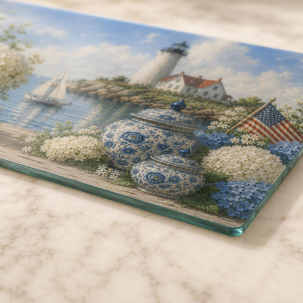 Glass Cutting Board with Blue Hydrangea Design, Coastal Lighthouse Charcuterie