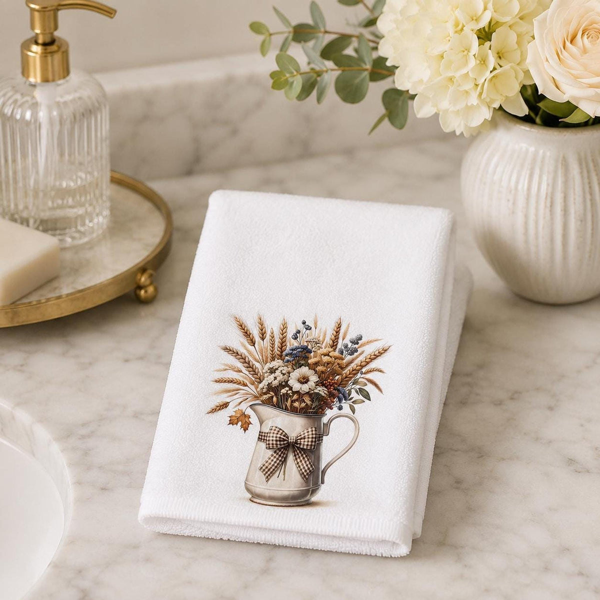 Fall Wheat Hand Towel, Farmhouse Floral Bathroom Decor, Vintage Pitcher Guest Bath Accent