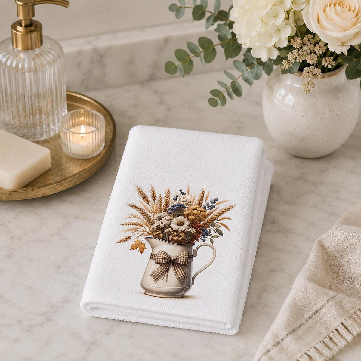 Fall Wheat Hand Towel, Farmhouse Floral Bathroom Decor, Vintage Pitcher Guest Bath Accent