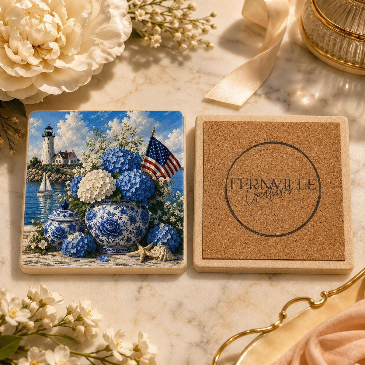 Coastal Coaster with Lighthouse and Blue Hydrangeas, Square Ceramic Drink Tile