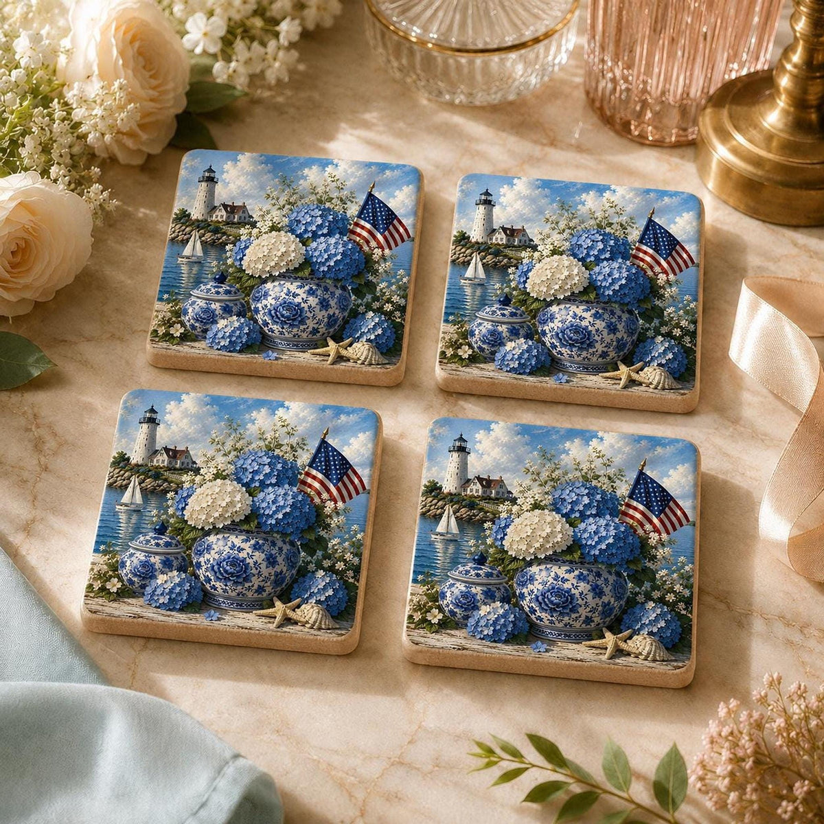 Coastal Coaster with Lighthouse and Blue Hydrangeas, Square Ceramic Drink Tile