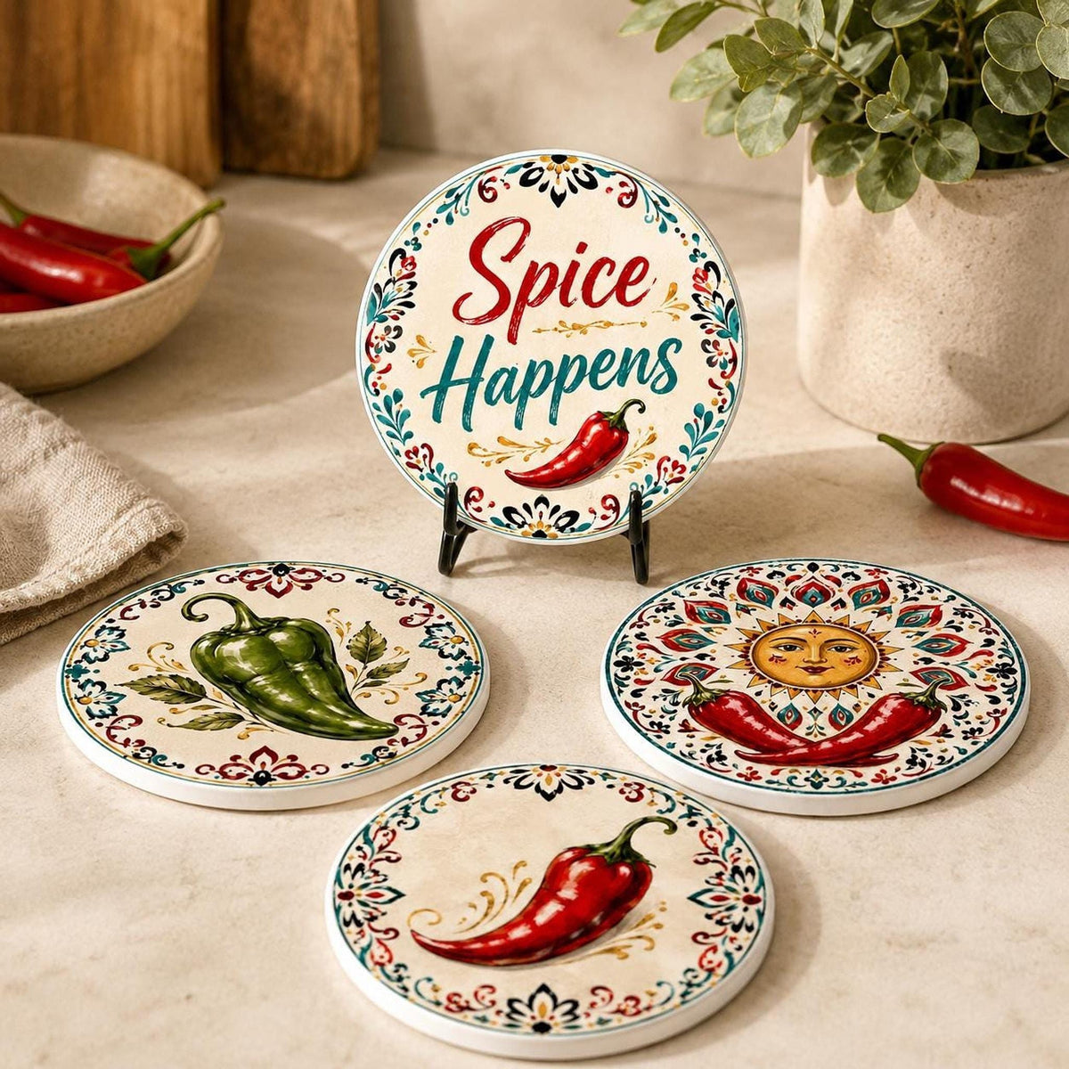 Chili Pepper Decor Coaster Set, Colorful Ceramic with Fun Designs