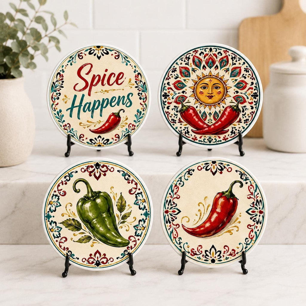 Chili Pepper Decor Coaster Set, Colorful Ceramic with Fun Designs