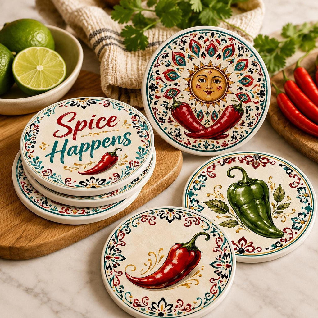 Chili Pepper Decor Coaster Set, Colorful Ceramic with Fun Designs