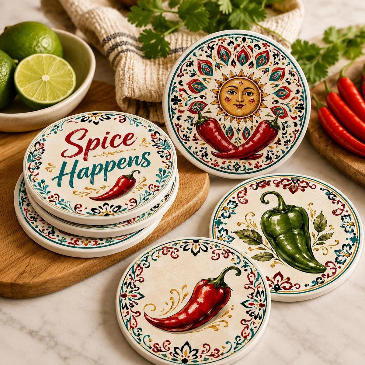 Chili Pepper Decor Coaster Set, Colorful Ceramic with Fun Designs