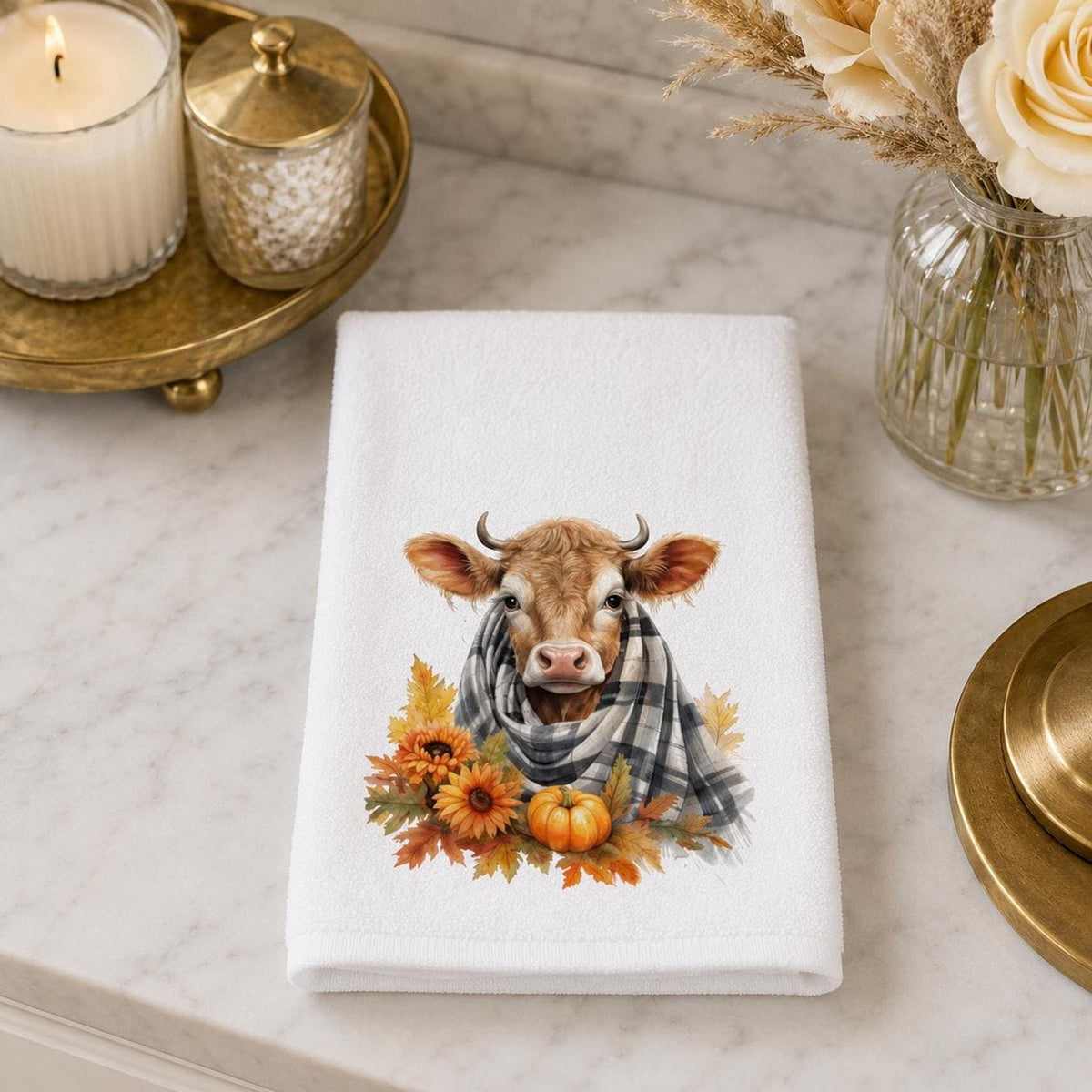 Fall Cow Towel, Rustic Bathroom Decor with Autumn Accents