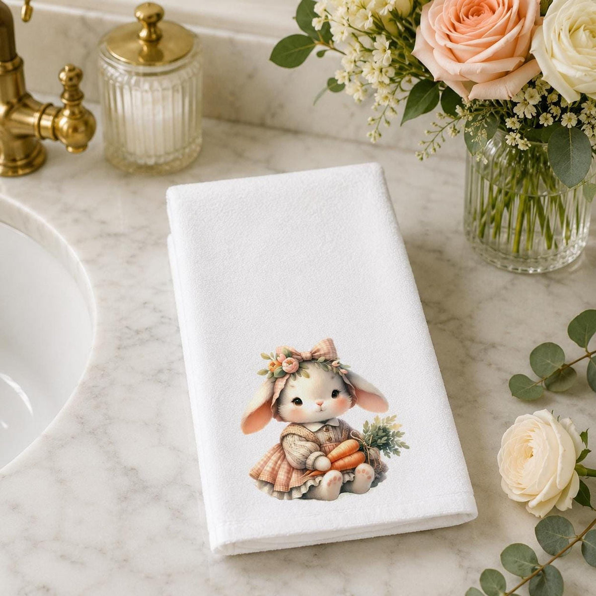 Easter Bunny Towel, Pastel Rabbit Design with Carrots, 15x25 Inches