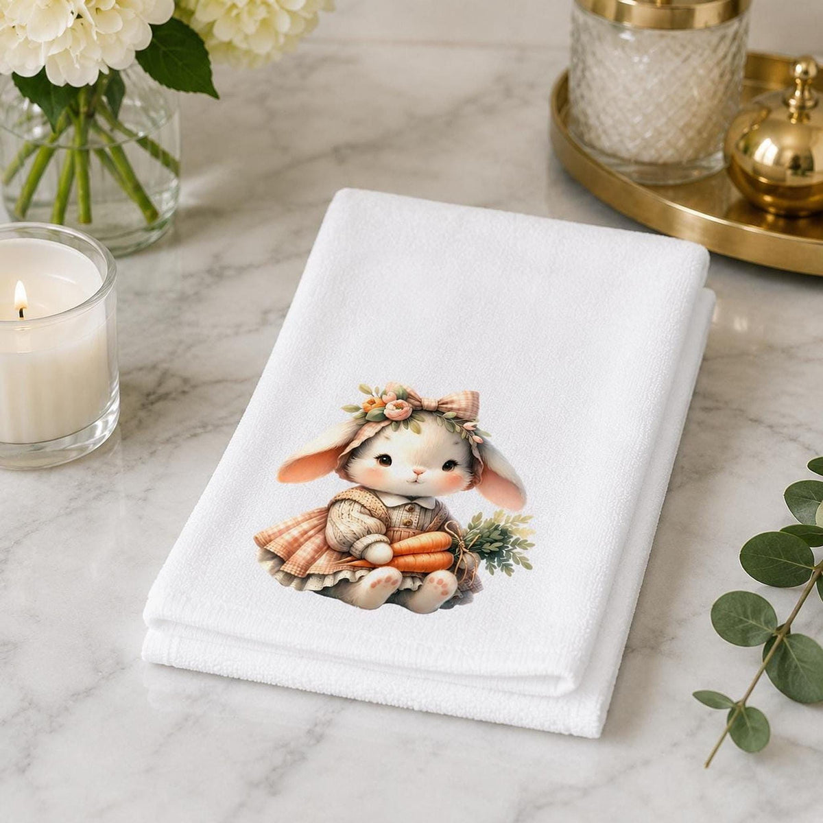 Easter Bunny Towel, Pastel Rabbit Design with Carrots, 15x25 Inches