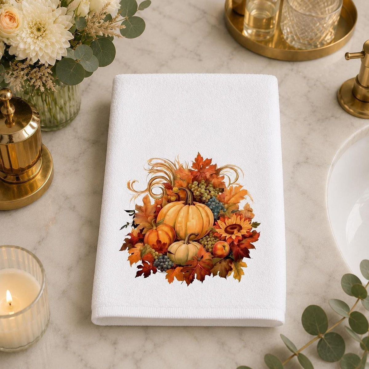 Fall Hand Towel with Pumpkin Design, Autumn Bathroom Decor in Cotton Terry