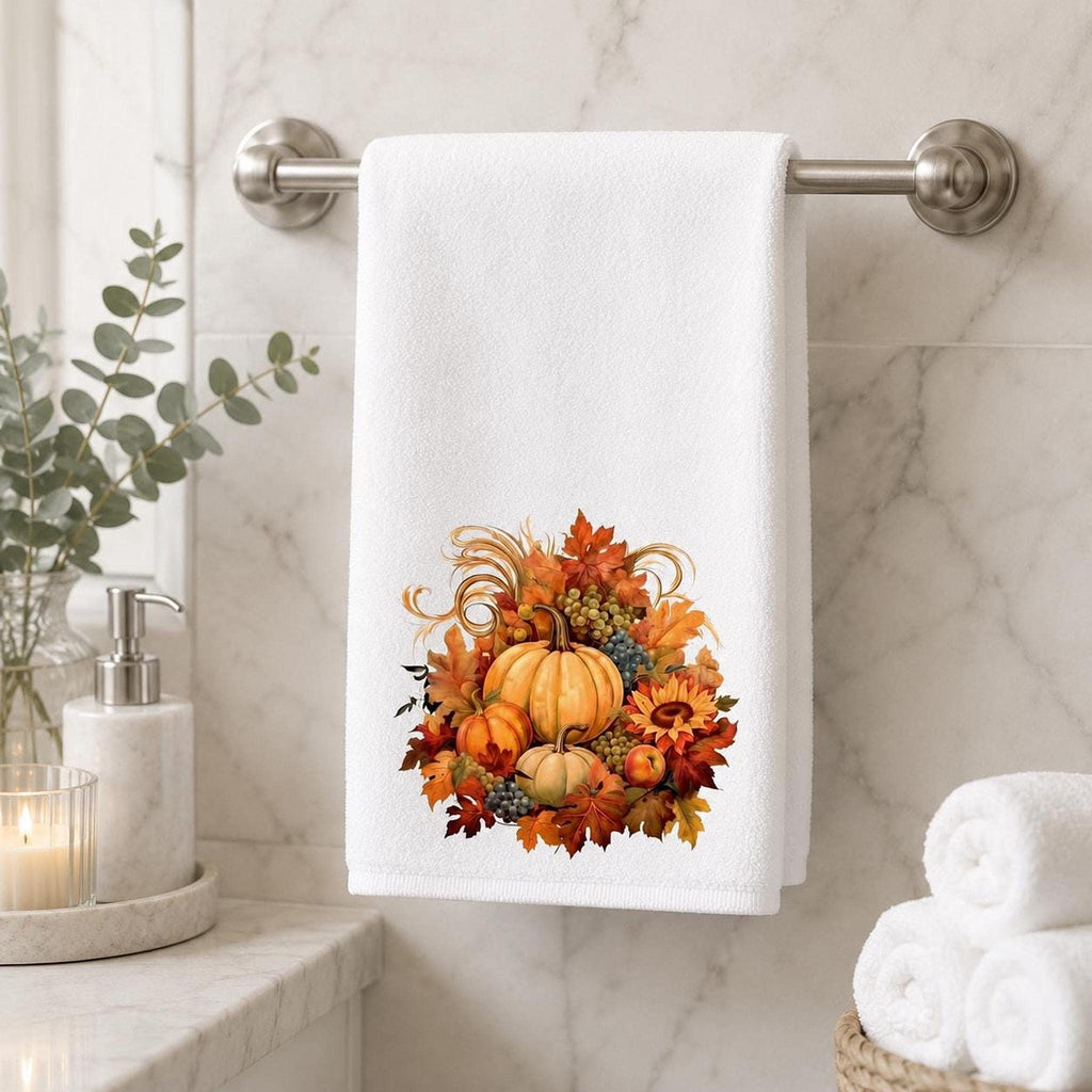 Fall Hand Towel with Pumpkin Design, Autumn Bathroom Decor in Cotton Terry